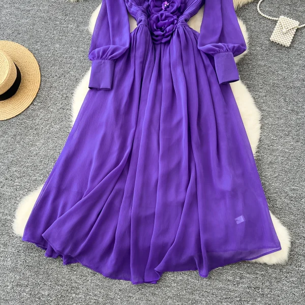 LE4782 Elegant Dress Dress for Ladies Dress Fall Niche Advanced Sense Three-Dimensional Flower V-Neck Waist Show Slim Skirt - Image 6