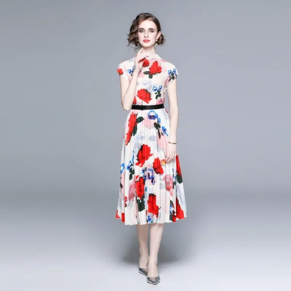 LE1246 in Stock Boutique Womens 2 Piece Sets High Quality Fabric Short-Sleeved Top Miyake Pleated Printed Long Pleated Skirt - Image 2