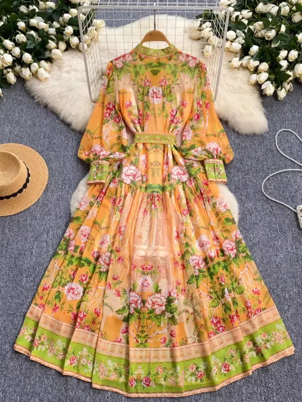 LE2632 Autumn New Retro Chiffon Printed Dresses Lady Lantern Long Sleeve Evening Robe Elegant Party Maxi Dresses Woman 2025 - Image 6
