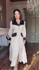 LE2702 Middle East Elegant Ladies Evening Dress 2025 Autumn Lace Doll Collar Slim Polka Dot Maxi Printed Dress Women