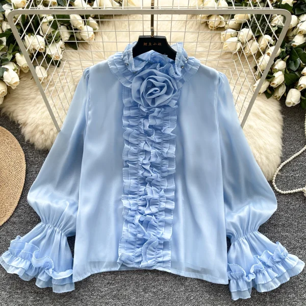 LW0829 Light Luxury Senior Sense Trumpet Sleeve Shirt Women'S Wooden Ear Edge Gauze Diamond Design Blouses 2025 - Image 5
