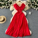 LE2624 Temperament Large Size Deep V-Neck Evening Dress Red Pleated Skirt Stitching Bridesmaid'S Wedding Dress Loose Maxidress