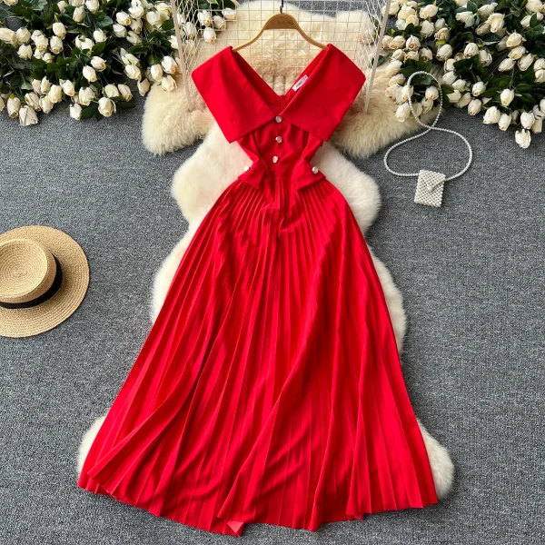 LE2624 Temperament Large Size Deep V-Neck Evening Dress Red Pleated Skirt Stitching Bridesmaid'S Wedding Dress Loose Maxidress