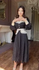 LE2702 Middle East Elegant Ladies Evening Dress 2025 Autumn Lace Doll Collar Slim Polka Dot Maxi Printed Dress Women
