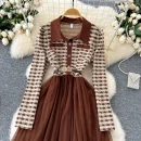 LE4781 Autumn New Senior Sense Retro Lapel Long Sleeve Plaid Patchwork Receiving Waist Mesh Gauze Peng Peng Dress Female
