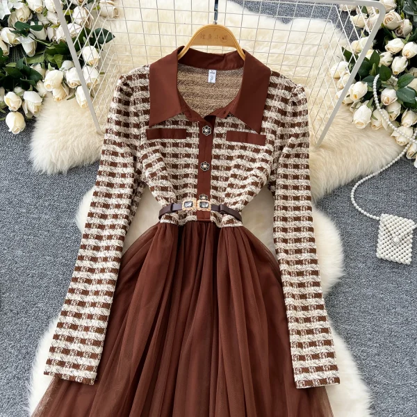 LE4781 Autumn New Senior Sense Retro Lapel Long Sleeve Plaid Patchwork Receiving Waist Mesh Gauze Peng Peng Dress Female - Image 3