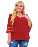 Loose V-neck Mesh Splicing Solid Color Chiffon Shirt Sweet Fresh Casual Shirt