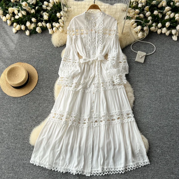 LE2620 Autumn Vintage Hollow Hook Flower Lace Dresses Elegant Women'S Boutique Women'S Boutique Socialite Long Dress - Image 6