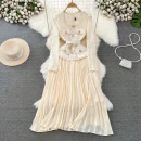 LE2606 Autumn Korean Lace Pleated Dresses Woman Temperament Long Sleeve Square Collar Pockets Embroidery Pleated Socialite Dress