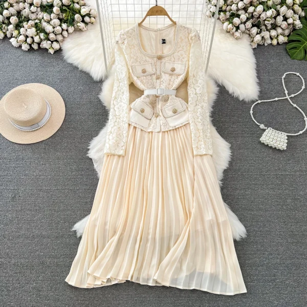 LE2606 Autumn Korean Lace Pleated Dresses Woman Temperament Long Sleeve Square Collar Pockets Embroidery Pleated Socialite Dress