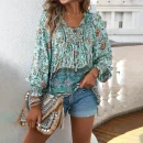 Casual  Women's Printed Shirt Temperament V-neck Long Sleeved Top