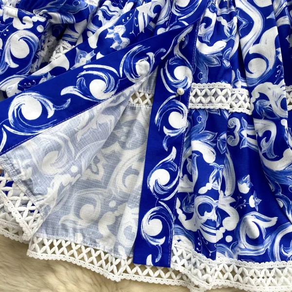 LE2578 Blue and White Print Mini Elegant Dresses Female Stand Collar Pearl Single Breasted Lace Women'S Boutique A-Line Dresses - Image 5