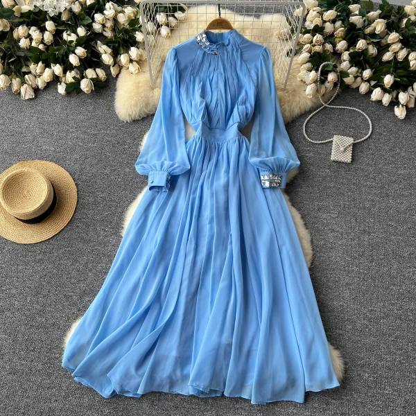 LE2579 Women Boutique Pleated Elegant Party Dresses Female Diamond-Embedded Lantern Long Sleeve Chiffon Evening Gown Women Dress - Image 4