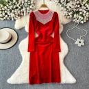 LE2662 Autumn Beading Evening Dresses Woman Femininity Chic Long Sleeve V-Neck Slit Bag Hip Canary Long Dress Female Winter 2025