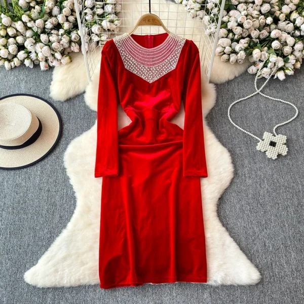 LE2662 Autumn Beading Evening Dresses Woman Femininity Chic Long Sleeve V-Neck Slit Bag Hip Canary Long Dress Female Winter 2025