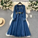 LE2649 Ladies Boutique Denim Dresseses Female Square Neck Autumn Winter Midi Dress Woman Direct Long Dresses