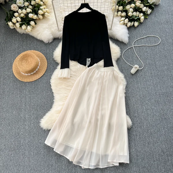 LE2085 Wear a Set of Women Sweet Wooden Ear Edge Color Shirt With High-Waisted Chiffon Skirt French Two-Piece Set