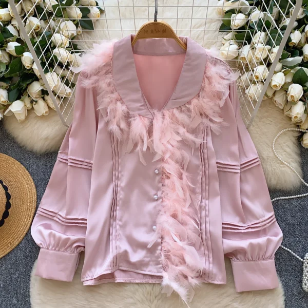 LW0705 Light Luxury Senior Sense Lapel Shirt Women Feather Splicing Temperament Blouses Elegant Women - Image 3