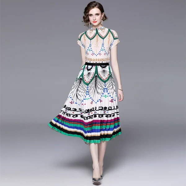 LE1357 Original Design 2025 Dressy Print Miyake Ruffle Elegant Fashion 2 Piece Set High Stretch Loose Top Pleated Skirt Set - Image 4