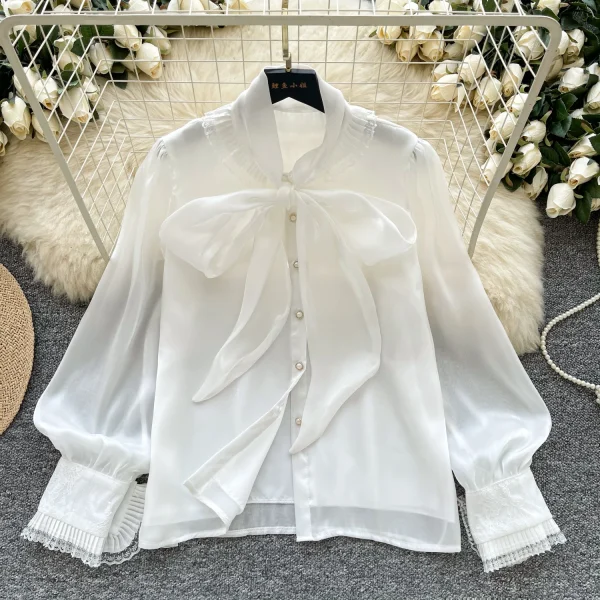 LW0827 Breezy Bow Tie Streamer Satin Blouse Ladies Chic Blouses 2025 Blouses Elegant Women Ladies - Image 4