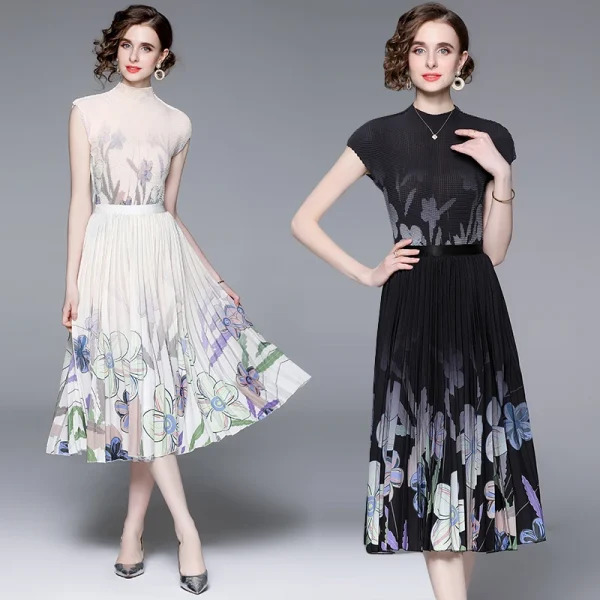 LE1279 2025 Boutique Two Piece Set T-Shirt Printed Pleated Skirt Boutique Women'S 2-Piece Set Miyake Pleated Casual Style Sets
