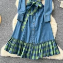LE2645 Ladies Boutique Dresses Women Splicing Plaid Clash of Colours Straps Waisted Single-Breasted Denim Midi Dress Lady