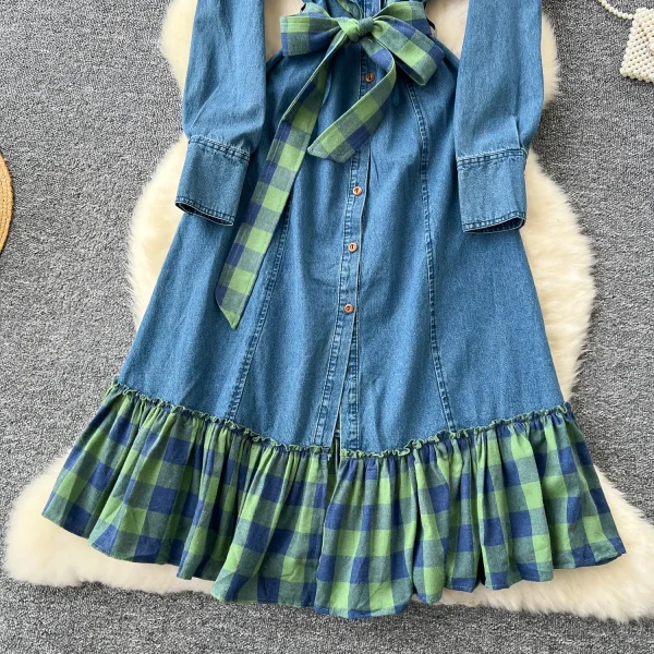 LE2645 Ladies Boutique Dresses Women Splicing Plaid Clash of Colours Straps Waisted Single-Breasted Denim Midi Dress Lady - Image 5
