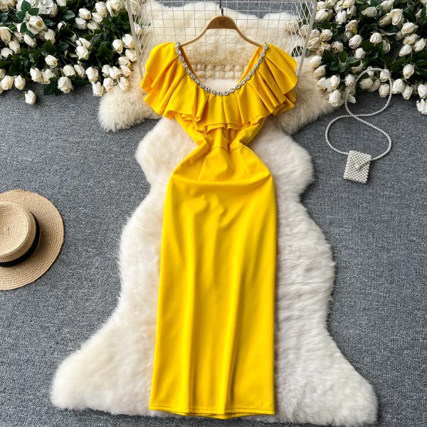 LE2622 Elegant Industry Diamond Fold V-Neck Party Dresses Flying Sleeve Package Hip Midi Dress Boutique Socialite Evening Dress - Image 3