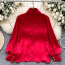 LW0825 Fine Beaded Bow Neckline Long Sleeve Blouse Lady Satin Top Lady Blouses Elegant Women Ladies