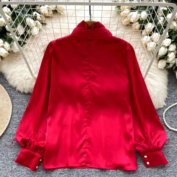 LW0825 Fine Beaded Bow Neckline Long Sleeve Blouse Lady Satin Top Lady Blouses Elegant Women Ladies - Image 6