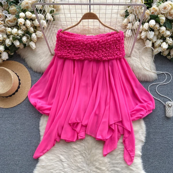 LW0754 Top Sweet Pleated Line Neck Off-The-Shoulder Pure Bubble Sleeve Irregular Shirt Blouses Elegant Women Ladies