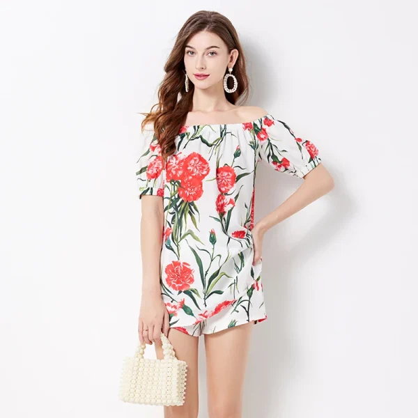 Carnation-Print Poplin Women'S Boutique Suit Square Neck One Shoulder Shorts Suit Bubble Short Sleeve Top Shorts Two Piece Set - Image 2