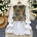 LW0749 Women'S Drawstring Waistline Jacquard Waistcoat With Puff Sleeves Stylish Shirt Blouses Elegant Women Ladies