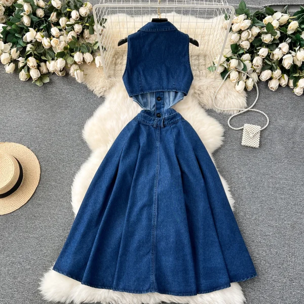 LE2653 Boutique Denim Dresseses Female Korean Metal Button Sleeveless Midi Dress Direct Elegant Women'S Dress - Image 2
