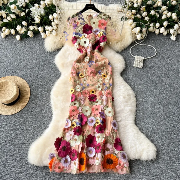LE2621 Vintage Three-Dimensional Flower Decoration Maxi Lace Dresses Elegant Women'S Boutique Embroidery Long Fishtail Dress - Image 2
