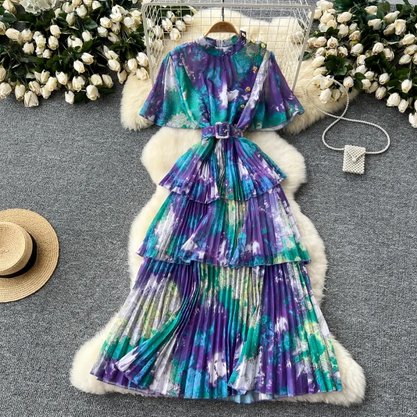 LE2637 Retro Metal Buckle Pleated Midi Dresses Woman Flared Short Sleeve Smudged Print Dress Autumn New Holiday Party Cake Dress - Image 3