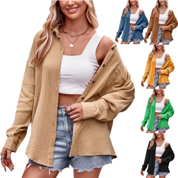 Women's Fall and Winter New Cross-border Casual Fashion Pockets Loose Long-sleeved Solid Color Shirt
