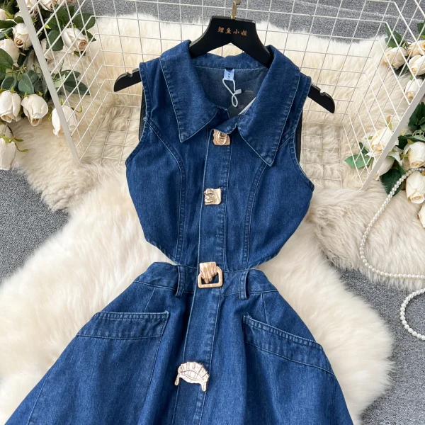 LE2653 Boutique Denim Dresseses Female Korean Metal Button Sleeveless Midi Dress Direct Elegant Women'S Dress - Image 3