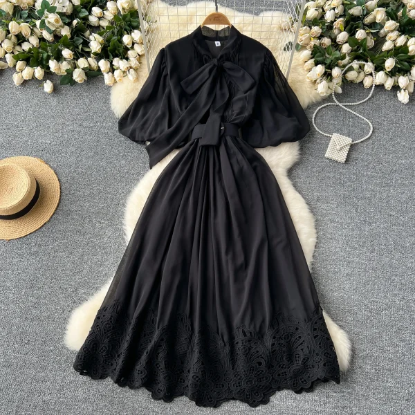 LE2627 French Vintage Maxi Evening Dresses Woman Elegant Lace-Up Ruffled Short Sleeve A-Line Long Dress Lady 2025 New - Image 6