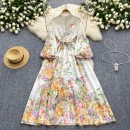 LE2631 Minority Court Style Large Size Printed Dresses Anding Collar Lantern Long Sleeve Evening Robe Elegant Party Maxi Dresses