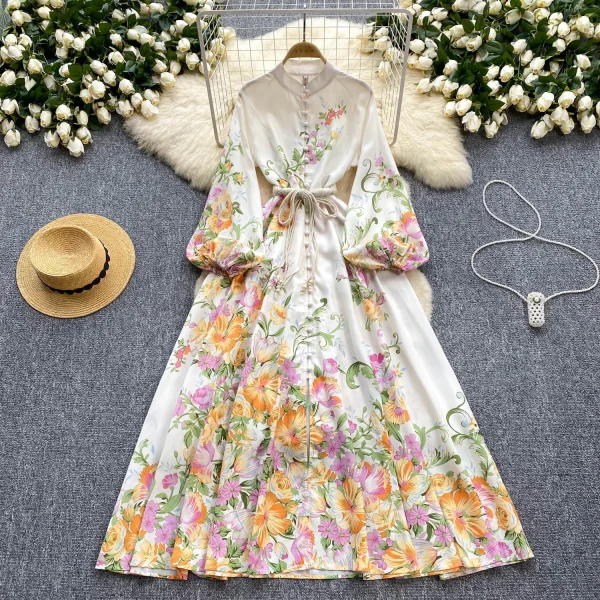 LE2631 Minority Court Style Large Size Printed Dresses Anding Collar Lantern Long Sleeve Evening Robe Elegant Party Maxi Dresses
