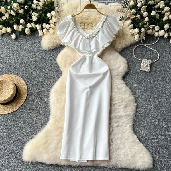 LE2622 Elegant Industry Diamond Fold V-Neck Party Dresses Flying Sleeve Package Hip Midi Dress Boutique Socialite Evening Dress - Image 4