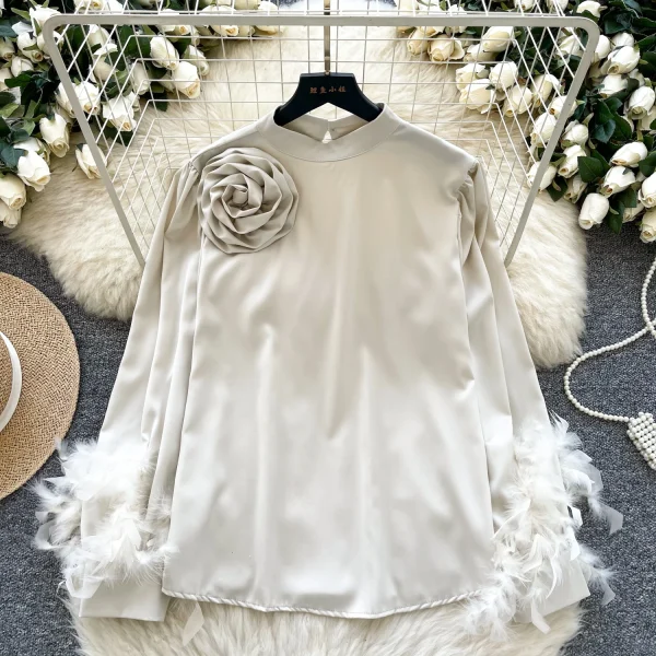 LW0828 Satin Feel Stand Collar Shirt Women Three-Dimensional Flower Feather Design Loose Temperament Blouses Elegant Women - Image 5