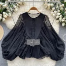 LW0824 Blouse Women Design Sense Round Neck Lantern Sleeve Cardigan Shirt Fashion Shirt Blouses Elegant Women