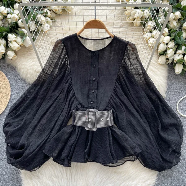 LW0824 Blouse Women Design Sense Round Neck Lantern Sleeve Cardigan Shirt Fashion Shirt Blouses Elegant Women - Image 4