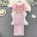 LE2659 Socialite Maxi Evening Dresses for Woman 2025 Autumn Bubble Short Sleeve Sequin Hip Wrap Dresses Elegant Party Long Dress