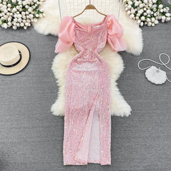 LE2659 Socialite Maxi Evening Dresses for Woman 2025 Autumn Bubble Short Sleeve Sequin Hip Wrap Dresses Elegant Party Long Dress - Image 5