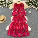 LE4771 Light Wind Women'S Dress Autumn Advanced Sense Flower Fold Waist Lantern Sleeve Floral Chiffon Skirt Long Dress