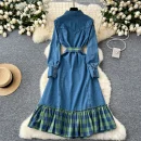 LE2645 Ladies Boutique Dresses Women Splicing Plaid Clash of Colours Straps Waisted Single-Breasted Denim Midi Dress Lady