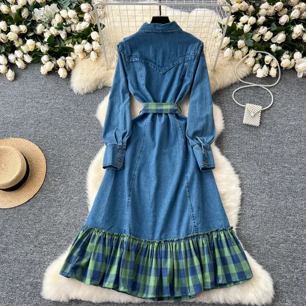 LE2645 Ladies Boutique Dresses Women Splicing Plaid Clash of Colours Straps Waisted Single-Breasted Denim Midi Dress Lady - Image 2